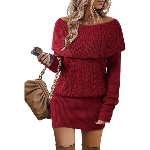 Women's Cherry Red Long Sleeve Cowl Neck Bodycon Mini Sweater Short Dress